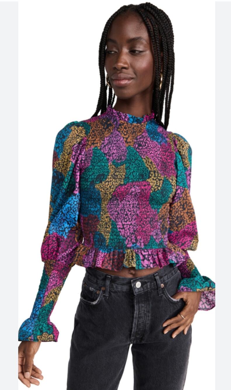 Farm Rio Rainbow Mix Smocked Crop Top Women's Medium Bishop Sleeves Ruffled